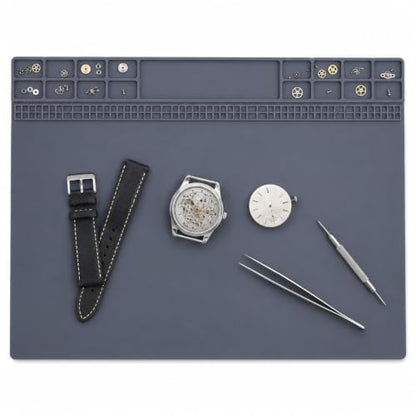 Non-Slip Watch Repair Mat with Parts Organizer - Anti-Static Rubber Work Pad for Jewelers & Watchmakers - Gray Maintenance Platform Table Mat with Screw Compartments (13.8" x 9.8")