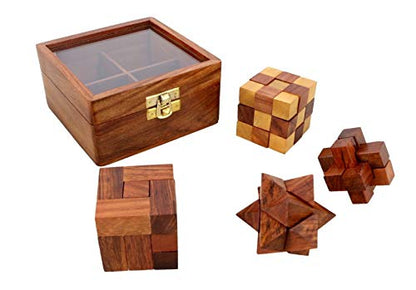 Ajuny Wooden Puzzles Box Set (4 Games) Brain Teaser for Teens & Adults, IQ Test Interlocking 3D Puzzles, Handcrafted Rustic Patio Decor, Unique Gift for Christmas and Birthdays - style: 4 in 1