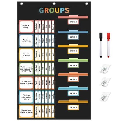 REGELETO Boho Small Group Management Pocket Chart with 114 Cards, Large Size 46 x 26.3 inch Classroom Small Group Organizer for School Teacher Homeschool Learning Supplies (Black) - size: 56-Pockets