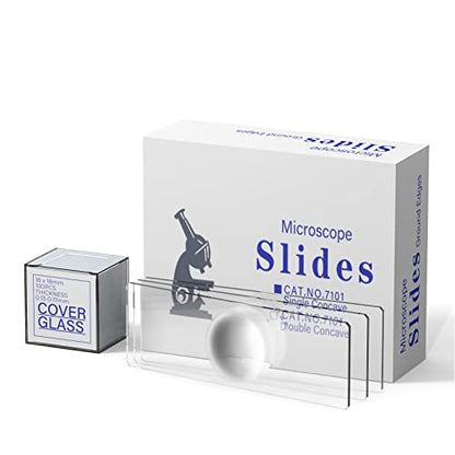 Single Depression Concave Microscope Slides Kit, 50 Pcs Pre-Cleaned Blank Microscope Slides and 100 Pcs 22x22mm Square Coverslips Cover Glass for Monocular Binocular Trinocular Microscopes - style: Single Concave Slides