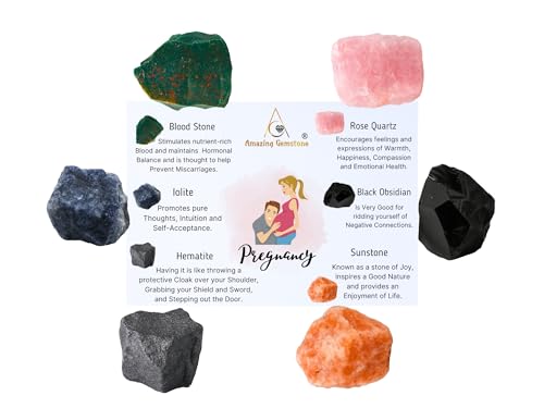 Crystals for Pregnancy, Set of 6 Blood Stone, Iolite, Hematite, Rose Quartz, Black Obsidian and Sunstone Healing Crystals and Stones - color: Pregnancy Crystals