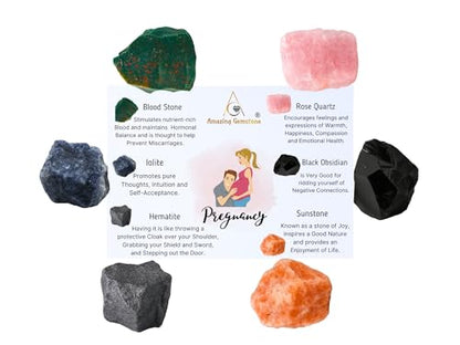 Crystals for Pregnancy, Set of 6 Blood Stone, Iolite, Hematite, Rose Quartz, Black Obsidian and Sunstone Healing Crystals and Stones - color: Pregnancy Crystals