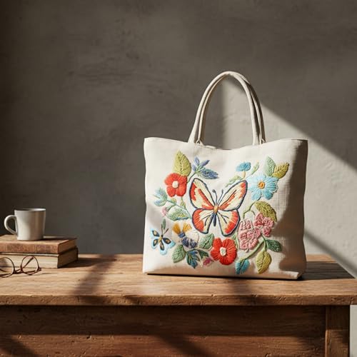 ARTopet Embroidery Tote Bag Kit for Beginners Butterfly Canvas Cross Stitch Handbag with Hoops Needles Threads Reusable Grocery Bag for Women-Butterfly02 - color: Butterfly02