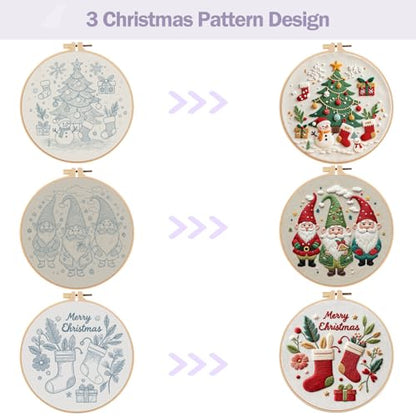 Offizon Christmas Embroidery Kit for Beginners, 3 PCS Starter Cross Stitches, Winter Santa Handicrafts, Merry Chistmas - color: Christmas Beige