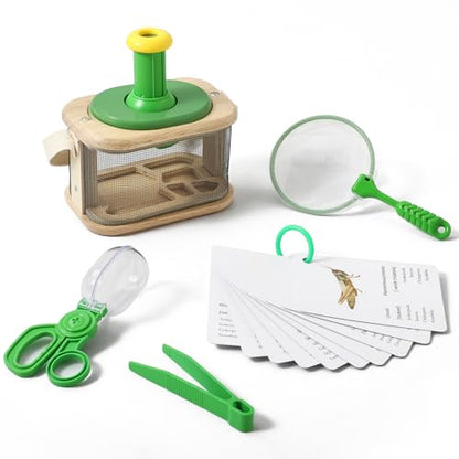 Wooden Bug Catcher for Kids, 360° Rotating Magnifier, Insect Explorer kit, with Bug Habitat, Butterfly Net, Bug Tongs, 10 Insect Cards, Montessori STEM Nature Toy for Outdoor