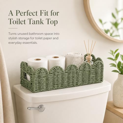 Sage Green Scalloped Basket, Toilet Tank Tray, Back of Toilet - color: Green