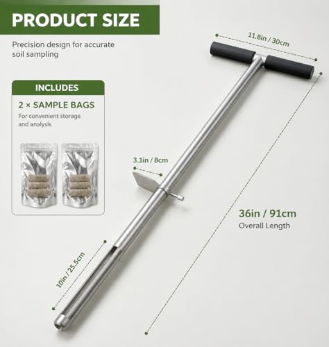 36" Soil Sampler Probe,Stainless Steel Soil Sampler Tool,Soil Core Sample Bags Soil Probe Tester, T-Handle Soil Test Kit Soil Probe with Foot Pedal for Soil Sampling Garden Lawn Farm