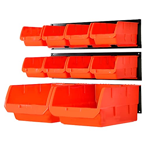 Wallmaster 10-Bin Wall Mounted Plastic Storage Bins Hanging Organizer Bins - color: Orange, size: 10Bins+3Rails