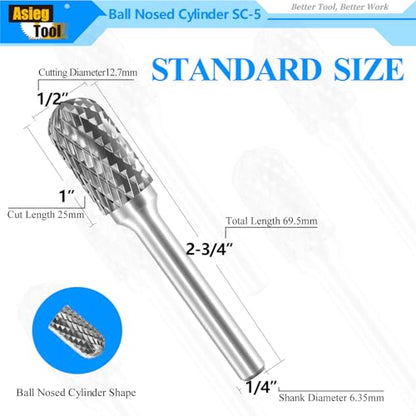 SC-5 Tungsten Carbide Burr Rotary File Cylindrical Shape with Radius End Double Cut with 1/4''Shank for Die Grinder Drill Bit - 5Pcs - style: 5pcs SC-5