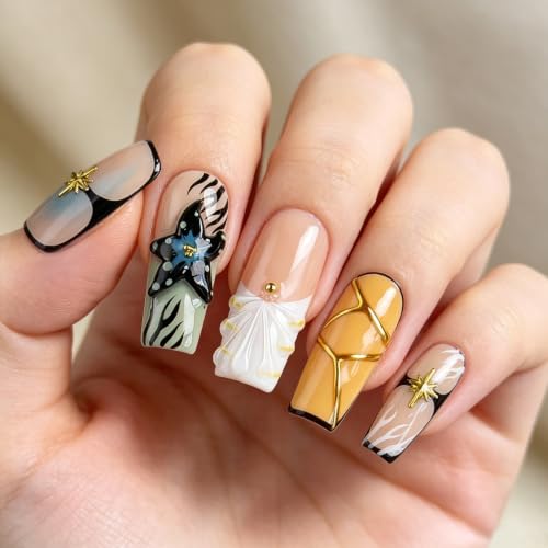 Handmade Press on Nails Long Square Nude Black White, 3D Star Flower False Nails with Gold Line, Luxury Reusable Nail Art Kit for Women Party Daily(M) - color: HLK, size: Medium