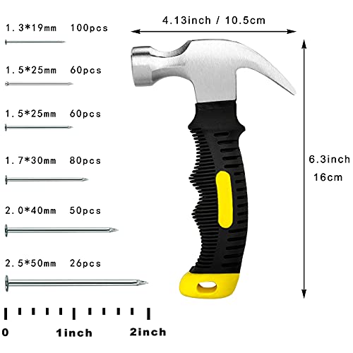 376pcs Hardware Nails Assortment Kit with 8oz Small Claw Hammer, Mini Hammer with Anti-Slip Handle, Maximum Length 2 Inches, Finishing Nails for Hanging Pictures, Household & DIY