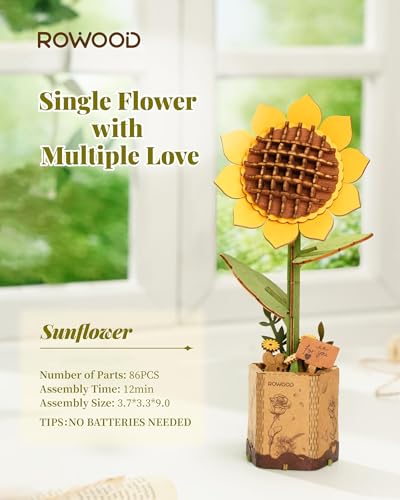 rowood 3D Wooden Puzzles for Adults, Mother's Day DIY Artifical Flower Craft Kit,Botanical Collection Home Decor, Valentine's Day/Thanksgiving Day/Christmas/Birthday Gift -Sunflower - style: Sunflower