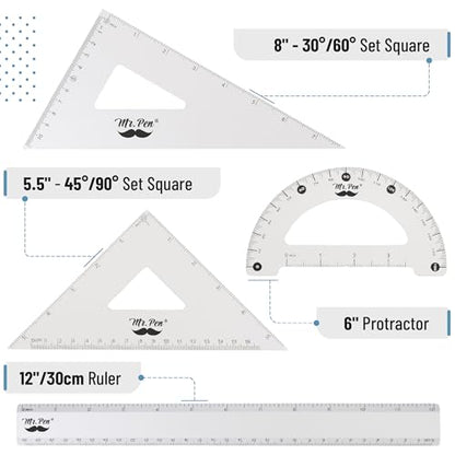 Mr. Pen- Metal Geometry Kit, 4 Pack, 45° & 30°/60° Set Squares - color: Silver