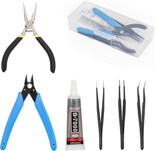 DIY Model Tools Kit 6Pcs Hobby Building Tools kit Plier Sets with Needle-Nose Pliers,Wire Cutters/side pliers,adhesive,3 tweezers for Model Building Repairing and Fixing DIY Craft Kit with Plastic Box
