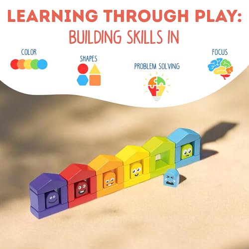 CUBIKA Wooden Construction Set Colorful Houses – 24-Piece Construction Play Set with Emotion Characters for Toddlers 2+– Montessori Toy for Creativity, Cognitive Development, and Emotion Recognition - style: Construction Set