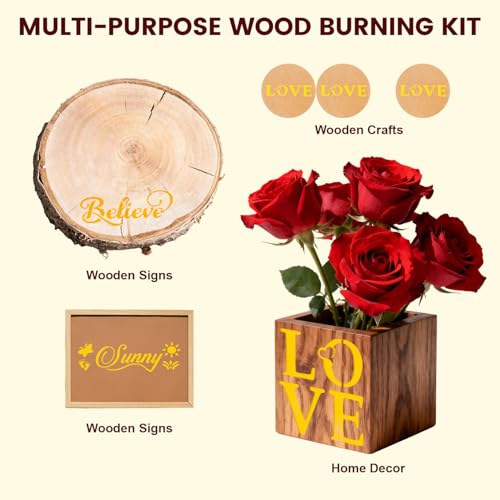 Wood Burning Marker Pen with 3 Inspirational Word Stencil- Pyrography Art Tool for Wood Crafting, PET Tips, DIY Woodburning Marker Kit for Beginners, Home Studio School Art Projects