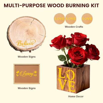 Wood Burning Marker Pen with 3 Inspirational Word Stencil- Pyrography Art Tool for Wood Crafting, PET Tips, DIY Woodburning Marker Kit for Beginners, Home Studio School Art Projects
