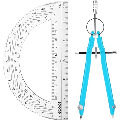 EBOOT Math Geometry Set Metal Compass 6" Clear Protractor, Sky Blue - color: Sky Blue