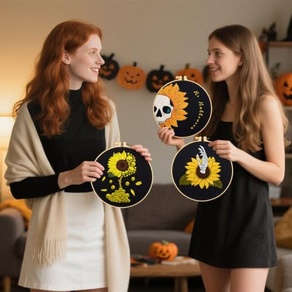 Halloween Gothic Embroidery Kits for Beginners Adults, Skull Hand Embroidery Needlepoint Kits, Sunflower Stamped Cross Stitch Kits for Beginners Adult, 3 Set Embroidery Hoops (Attached Video Tutorial) - color: Sunflower