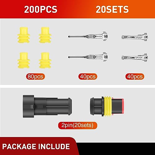 Nilight 200PCS 2 Pin Electrical Connector ‎Plug with Male Female Terminals - size: 2Pin Connector 200Pcs