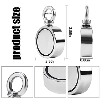 Double Sided Fishing Magnet, Super Powerful Neodymium Magnet with 760lbs Combined Strength with Eyebolt for River Lake Fishing Indoor Outdoor (2.36in Dia) - style: LNM60-3