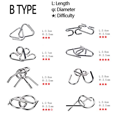 TANCH 16 PCS Type A+B Different Brain Teaser Metal Wire Puzzles IQ Challenge Magic Trick Unlinking & Linking Game Toys for Kids and Adults