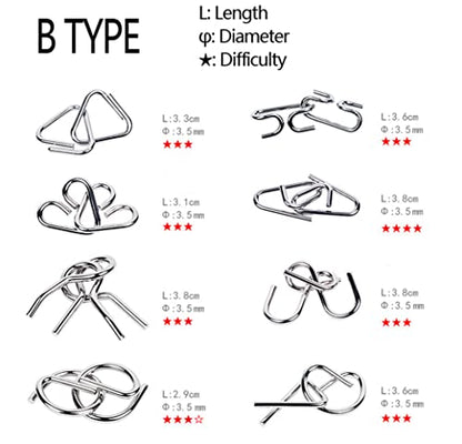 TANCH 16 PCS Type A+B Different Brain Teaser Metal Wire Puzzles IQ Challenge Magic Trick Unlinking & Linking Game Toys for Kids and Adults