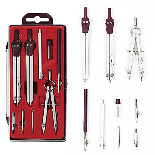 UNJOO 9Pc Geometry Set Metal Compass, Geometry Precision Tool (Red)