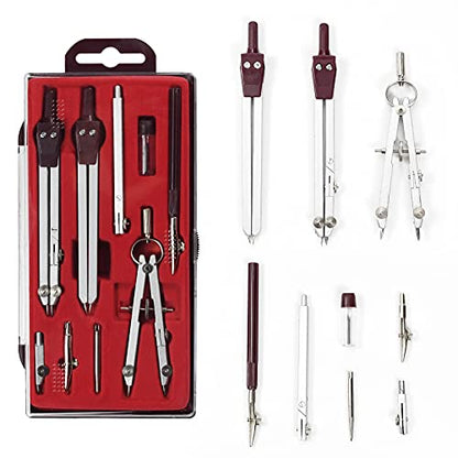 UNJOO 9Pc Geometry Set Metal Compass, Geometry Precision Tool (Red)