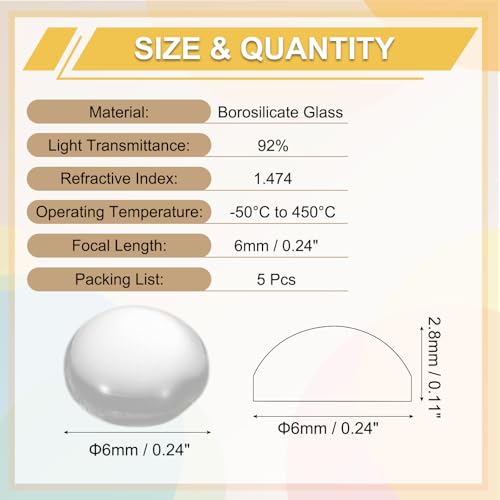 PATIKIL 5 Pack Convex Lens, 6mm OD 6mm Focal Length Optical Lenses - size: 6mm OD x 2.8mm H x 6mm Focal L