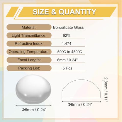 PATIKIL 5 Pack Convex Lens, 6mm OD 6mm Focal Length Optical Lenses - size: 6mm OD x 2.8mm H x 6mm Focal L