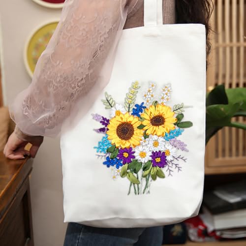 Canvas Tote Bag Silk Ribbon Embroidery Kit for Beginners Arts DIY Crafts Starter Kit Include Stamped Bag Threads Hoop - color: Color #2, Beige Bag
