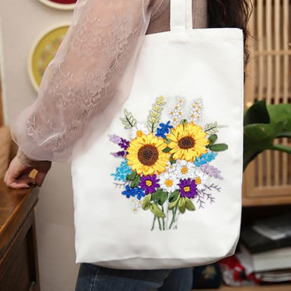 Canvas Tote Bag Silk Ribbon Embroidery Kit for Beginners Arts DIY Crafts Starter Kit Include Stamped Bag Threads Hoop - color: Color #2, Beige Bag