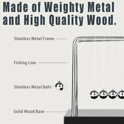 Newtons Cradle Balance Pendulum 5 Balls, Wooden Base Newton's Cradle, Desktop Calm Down Fidgets Kit, Office Home Desk Décor, Fun Science Physics Accessories for Adults - size: Medium