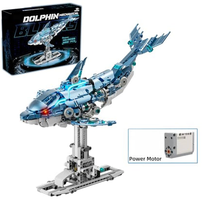 Mechanical Blue Dolphin Building Blocks Linkage Kit, Sea Animal Model with Lighting, Display Stand, STEM Power Motor Toy, DIY Desktop Ornament for Kids & Adults Ages 12+, Birthday Gift Idea - color: Blue Dolphin