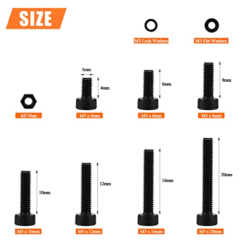 HELIFOUNER 560 Pieces M3 x 4mm /6mm /8mm /10mm /12mm /16mm /20mm, Hex Socket Head Cap Screws Bolts Washers Nuts Kit, 12.9 Grade Alloy Steel, Full Threaded, Black - size: M3, style: Socket Head