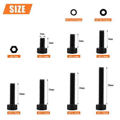 HELIFOUNER 560 Pieces M3 x 4mm /6mm /8mm /10mm /12mm /16mm /20mm, Hex Socket Head Cap Screws Bolts Washers Nuts Kit, 12.9 Grade Alloy Steel, Full Threaded, Black - size: M3, style: Socket Head