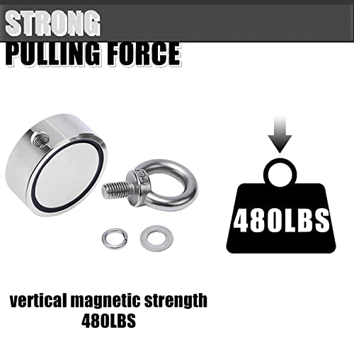 Double Sided Neodymium Magnet Fishing Kit with 480lbs Strength and Eyebolt for River Lake Hunting Indoor Outdoor (1.8in Dia) - style: LNM48-3