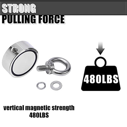 Double Sided Neodymium Magnet Fishing Kit with 480lbs Strength and Eyebolt for River Lake Hunting Indoor Outdoor (1.8in Dia) - style: LNM48-3