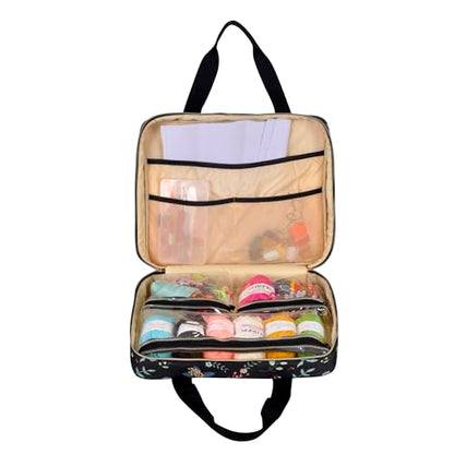 Portable Square Cross Stitch Starter Kits Bag Embroidery Project Bag Embroidery Tool Storage Tote Bag with Multifunctional Pockets, Bag Only (Black Leaves) - color: Black Leaves