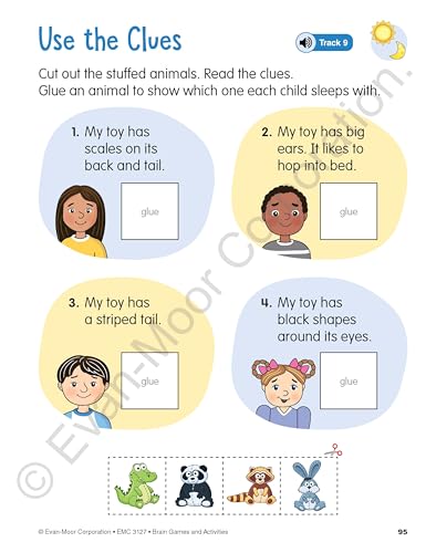 Evan-Moor Brain Games and Activities for Kids, Ages 4-5, Workbook, Hidden Pictures, Mazes, Sticker Activities, Logic Puzzles, Drawing, Critical Thinking, Audio, Alphabet, Word Families, Counting
