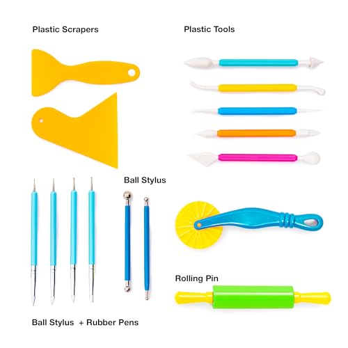 FlyFlag Air Dry Clay Tools Kit, 20 Pcs – Includes Ball Stylus, Rubber Pens, Rolling Pin, Plastic Scrapers, and Modeling Tools – Ideal for Pottery, Craft, Molding, and Shaping