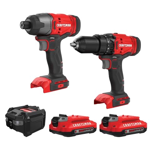 CRAFTSMAN V20 MAX Cordless Drill Driver and Impact Driver Set, Power Tool Set with 2 Batteries and Charger, LED Work Light, 2 Bits, Bag (CMCK200C2) - style: 2 Tool Combo Kit