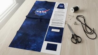 NASA Logo DIY Drawstring Bag Sewing Kit – Space-Themed Fabric Craft Project for Adults – Includes 24" x 43" Dark Blue Canvas Panel & 12ft Nylon Paracord – Create 17" x 13" Handmade Bag - style: Badge