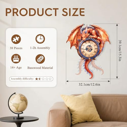 3D Puzzles for Adults Wooden Fire Dragon Puzzle Clock Adult Crafts - color: Fire Dragon Clock