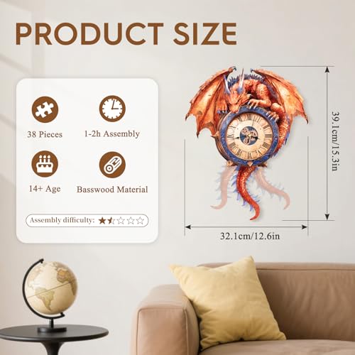 3D Puzzles for Adults Wooden Fire Dragon Puzzle Clock Adult Crafts - color: Fire Dragon Clock