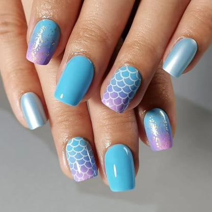 CurvLife Short Square Mermaid Press On Nails, Ocean Wave Blue, Soft Gel - color: sea ocean