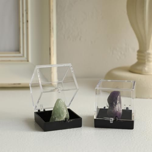 NOLITOY 60 pcs Clear Cube Display Boxes for Mineral Specimens – 35×35×35 mm Transparent Display Cases with Black Base – Collector’s Bulk Set for Rock Crystal Gemstone Storage