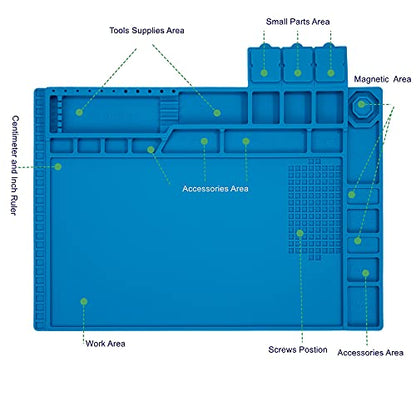 Premium Heat Resistant 932°F Blue Magnetic Repair Work Mat Large Silicone Soldering Mat for Soldering, Electronics, Computer Cellphone Repair, BGA Soldering Gun Iron Workbench Protection