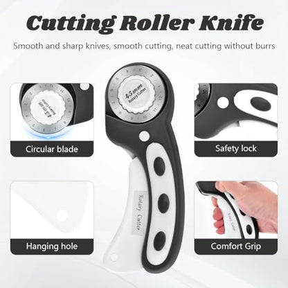 45mm Rotary Cutter for Fabric with 10pcs Replacement Blade, Rolling Fabric Cutter Crochet Edge Skip Stitch Blade for Quilting Crafts Sewing(COLOR:black)